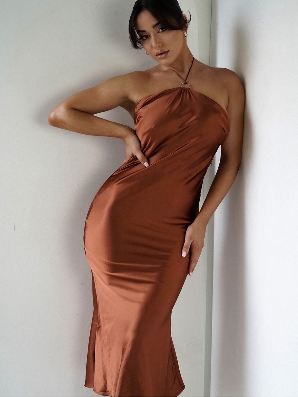 Ivana Satin Halter Midi Dress- Meshki